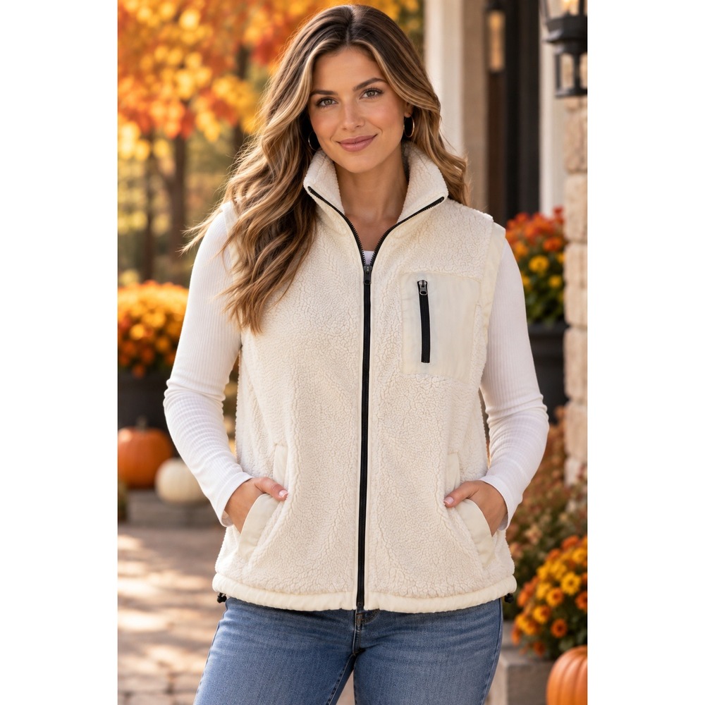 The Sweatshirt Project Sherpa Fleece Vest Womens L Cream Full Zip Teddy Pockets